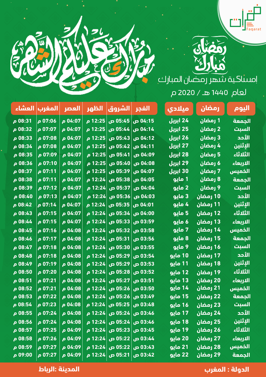 إمساكية شهر رمضان 2020 الرباط