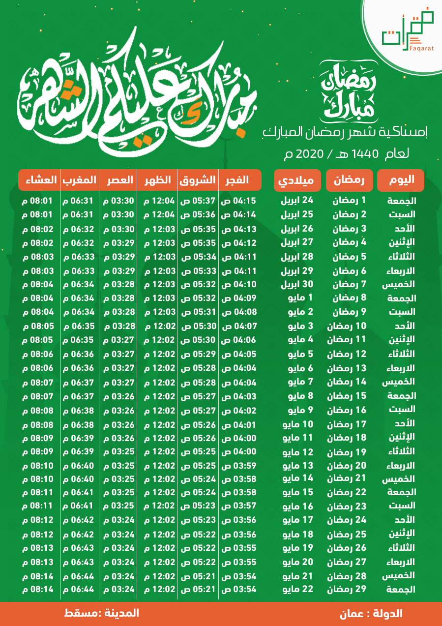 إمساكية شهر مسقط عمان رمضان 2020